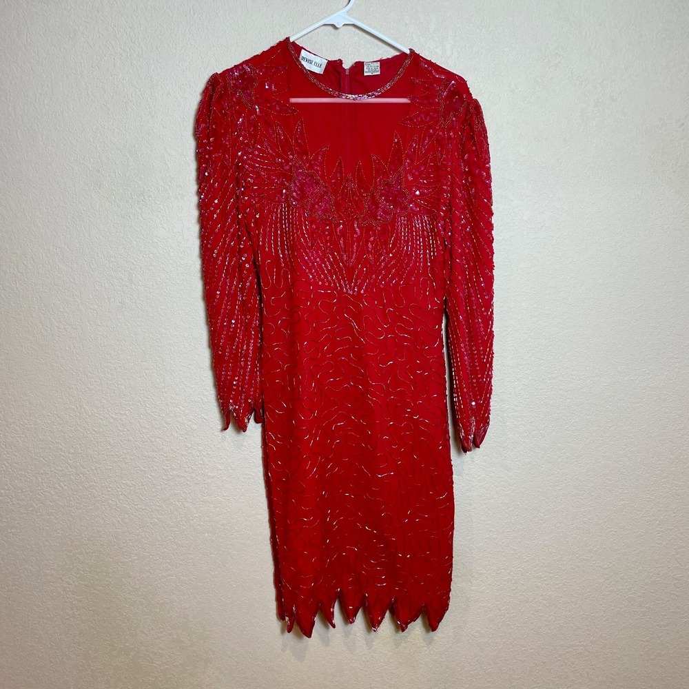 Vintage Denise Elle Silk Sheath Dress Womens‎ S Red Beaded Long Sleeve Cocktail